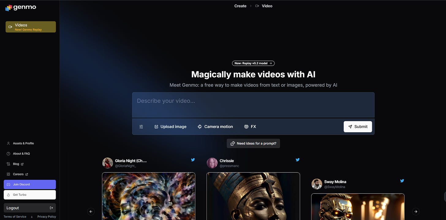 Genmo front page screenshot. AI video tool with image-to-video capabilities.