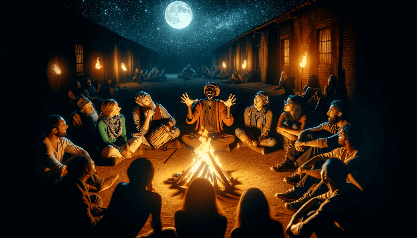 group of people around a bonfire, one person telling a story