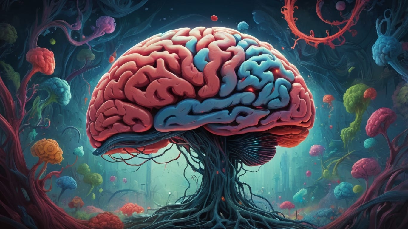 A vividly intricate portrayal of the cognitive process of the human brain unfolds: a background softly blurred in shades of red, green, and blue, reminiscent of a scene from a Pixar film. The brain itself takes center stage, portrayed as a character within this artistic creation. Every detail is meticulously crafted, from the intricate synapses firing to the swirls of thought patterns emerging. This image, whether a painting, photograph, or digital rendering, is a masterpiece of visual storytelling, capturing the essence of brain cognition in a mesmerizing display of color and form. The high-quality execution of this piece immerses viewers in a world where the complexities of the mind come to life before their eyes.