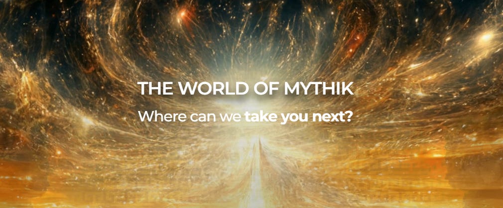 Mystical background with text: The World of Mythik Where can we take you next?