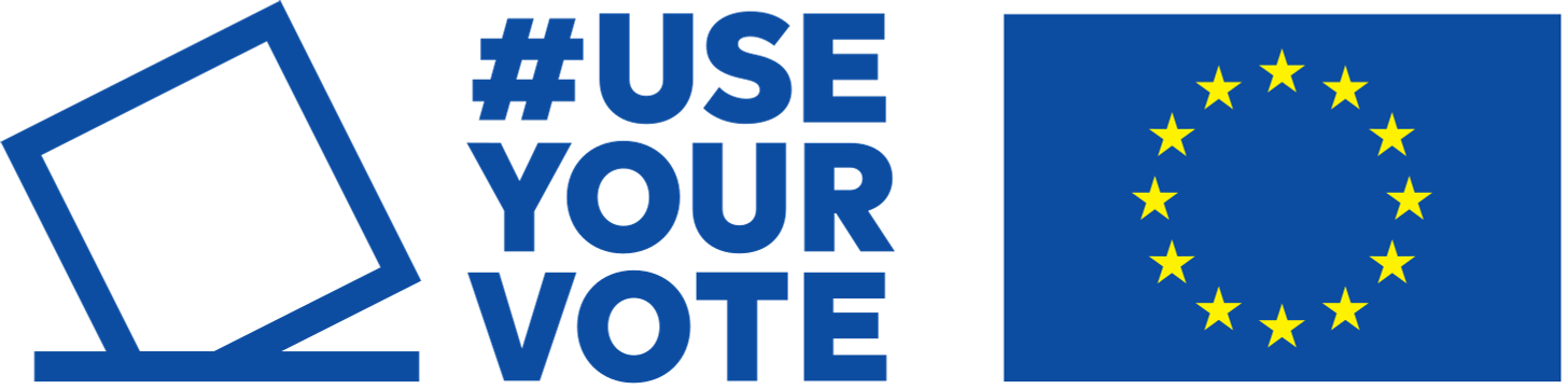 #UseYourVote logo: An illustration of a ballot that goes into a ballot box, the text #UseYourVote, and the EU flag