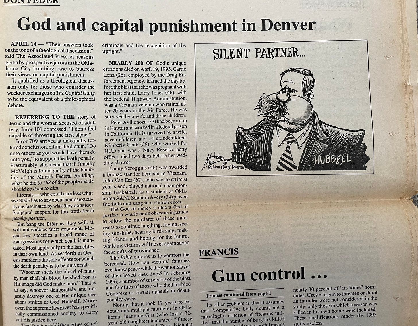 a newspaper page with the headline that says god and capital punishment in denver