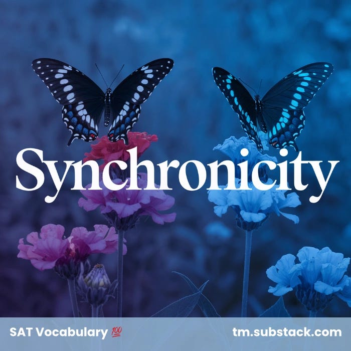 Illustration of two identical butterflies landing simultaneously on different flowers; used to illustrate the SAT word 'synchronicity'.