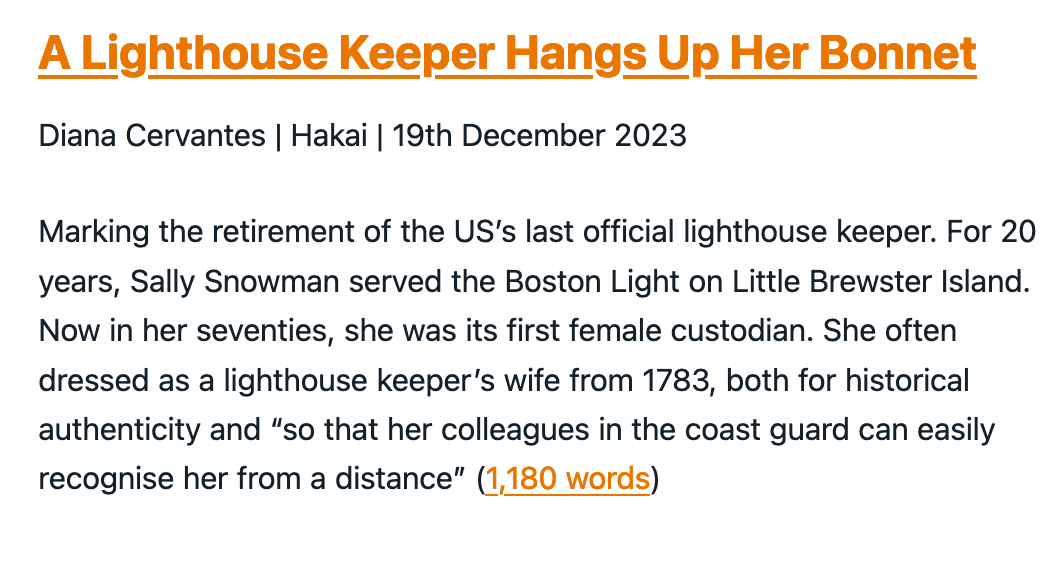 A screenshot summarizing the article "A Lighthouse Keeper Hangs Up Her Bonnet"
