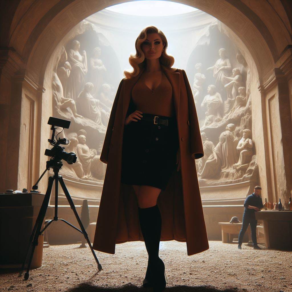 show me a wide shot of an elegant curvacious plus size blonde straight hair female Professor dressed in a long camel coat, black stockings, a short skirt, and knee high boots in silhouette on sabbatical researching a Renaissance grotto in the style of the grotta grande in the boboli gardens 