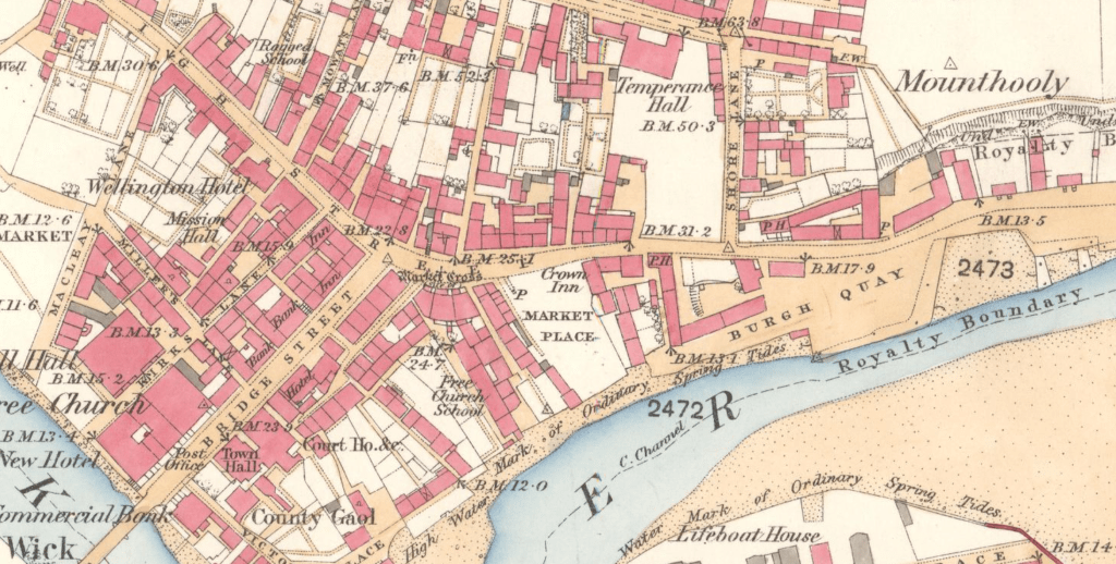 A snippet of an old map, houses and buildings marked in red. Wick is a Royal Burgh, and has been important for hundreds of years. It experienced a boom in the 1800s, thanks to the herring fisheries. Wick comes from the old Norse, Vik (as in Viking), which means small bay.