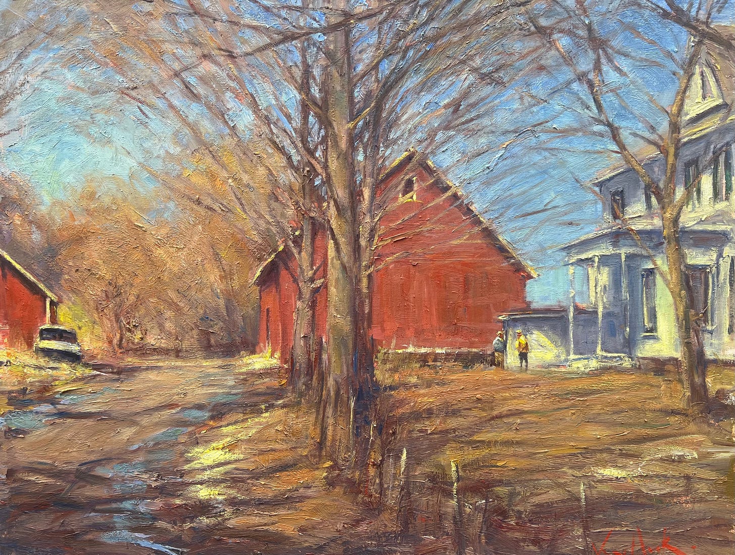 A painting of a red barn and a white house

Description automatically generated