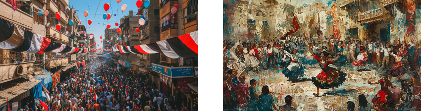 A combined image showing a crowded street festival with red, white, and black decorations on the left, and a vibrant painting of a traditional dance performance in a lively courtyard on the right.