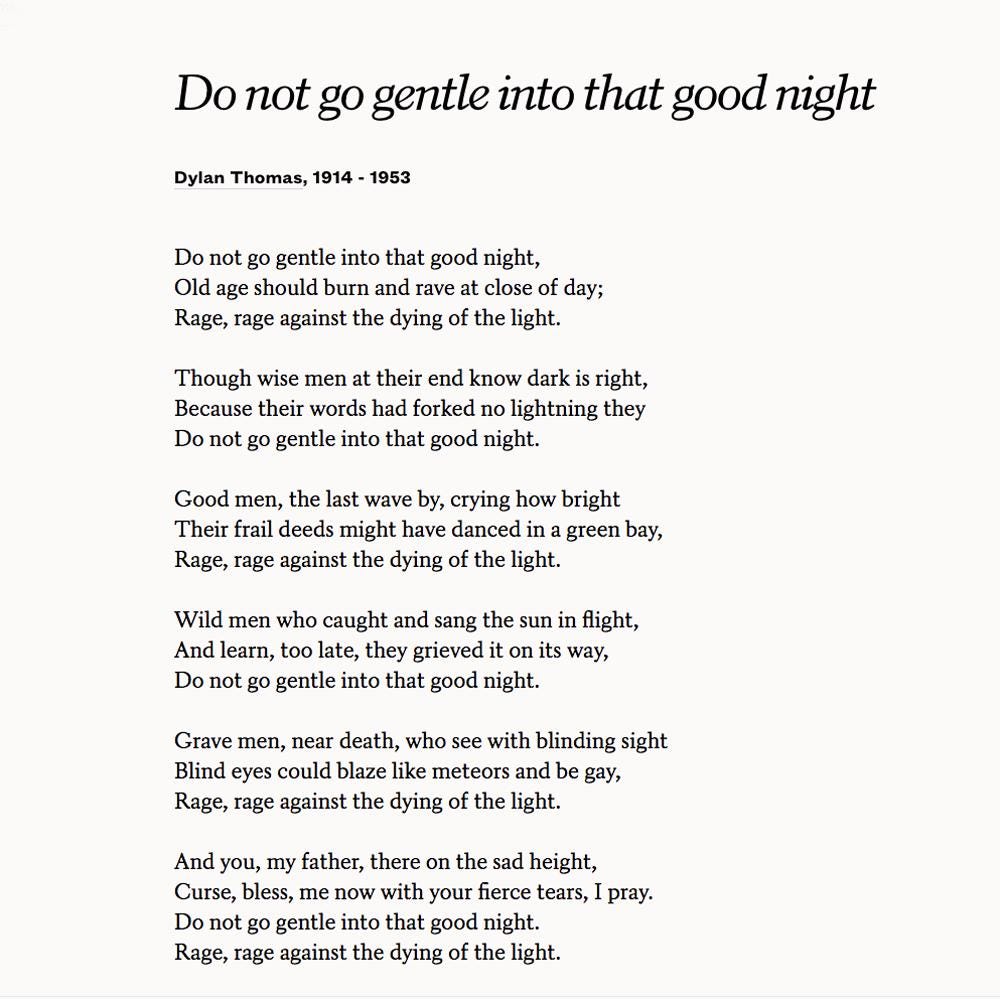 Poets.org в Twitter: „Do not go gentle into that good night. Rage, rage  against the dying of the light. —Dylan Thomas Read more classic &amp;  contemporary poems for #NationalPoetryMonth: https://t.co/hZTtp5CiyN  https://t.co/crd3oyjYPQ“ /