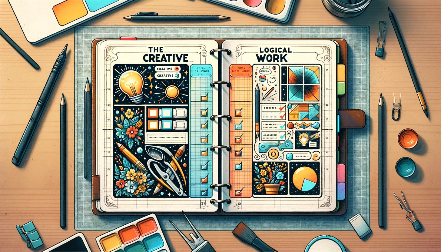 A digital illustration of a planner page, designed to organize creative work and logical work into different sessions. The layout is divided into two sections with distinct visual styles to represent each type of work. The 'Creative Work' section features artistic elements, such as a lightbulb for ideas, paintbrushes, or a palette, with vibrant colors and a free-form structure for scheduling tasks. The 'Logical Work' section has a more structured layout with checkboxes, lists, or graphs, in a muted color palette, indicating a methodical approach to task planning. The overall design should convey a balance between creativity and logic, with clear, legible handwriting and a neat, organized appearance.