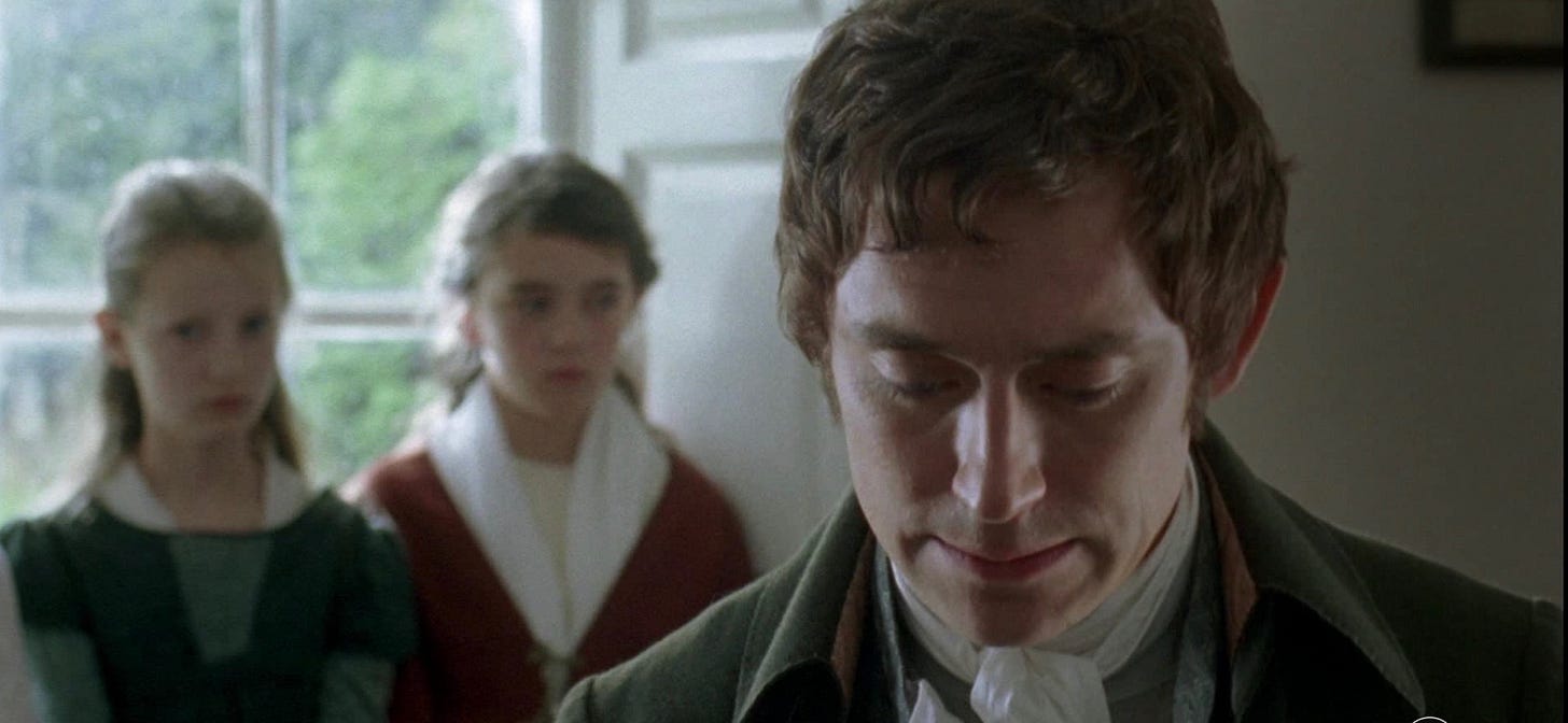 JJ Field as Henry Tilney stands gazing down, in deep thought, with two young proper women standing behind him. The photo is from the 2007 Andrew Davies and PBS/WGBH production of Jane Austen's Northanger Abbey. JJ Field as Henry Tilney stands gazing down, in deep thought, with two young proper women standing behind him. The photo is from the 2007 Andrew Davies and PBS/WGBH production of Jane Austen's Northanger Abbey.