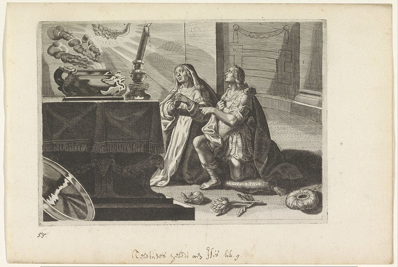 Drawing of Iphis and Telethusa kneeling in prayer at the altar of Isis