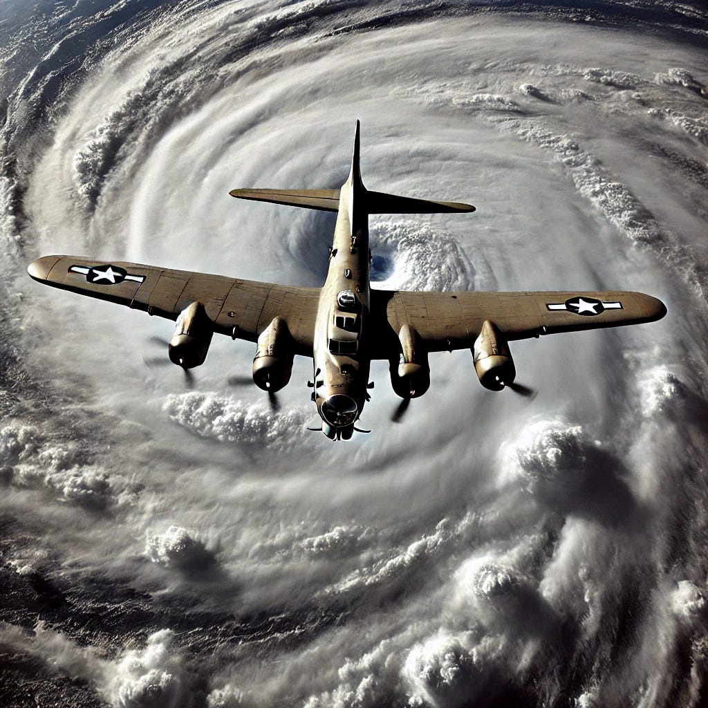 An overhead image of a B-17 Flying Fortress flying over a swirling hurricane. The hurricane's eye is visible below, with towering clouds and turbulent winds encircling it. The B-17, a large, four-engine bomber with its characteristic round nose and tail gunner position, is shown flying through the edge of the storm, with stormy skies surrounding the aircraft. The scene captures the scale of the massive storm, with the aircraft appearing small in comparison to the vast hurricane below.