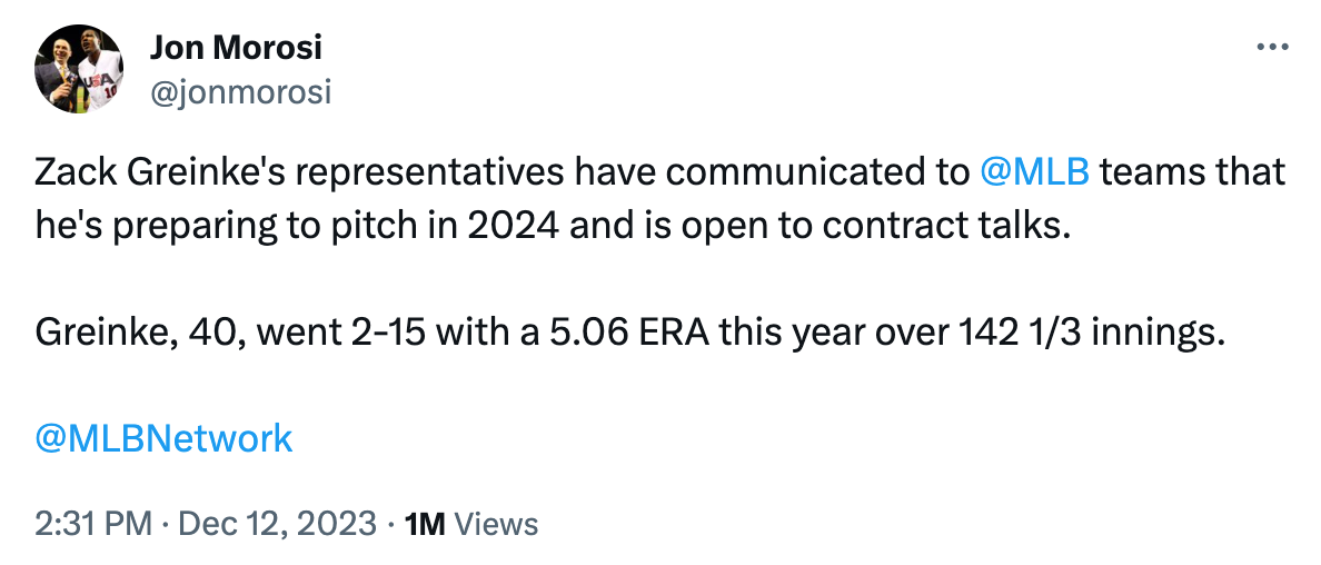 Jon Morosi tweet: "Zack Greinke's representatives have communicated to  @MLB  teams that he's preparing to pitch in 2024 and is open to contract talks.   Greinke, 40, went 2-15 with a 5.06 ERA this year over 142 1/3 innings."