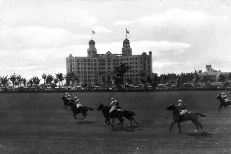 Figure 2: Polo grounds at the Nautilus Hotel on Miami Beach in 1924. The converted stables were affiliated with the Polo grounds. Courtesy of Florida State Archives. Figure 2: Polo grounds at the Nautilus Hotel on Miami Beach in 1924. The converted stables were affiliated with the Polo grounds. Courtesy of Florida State Archives.