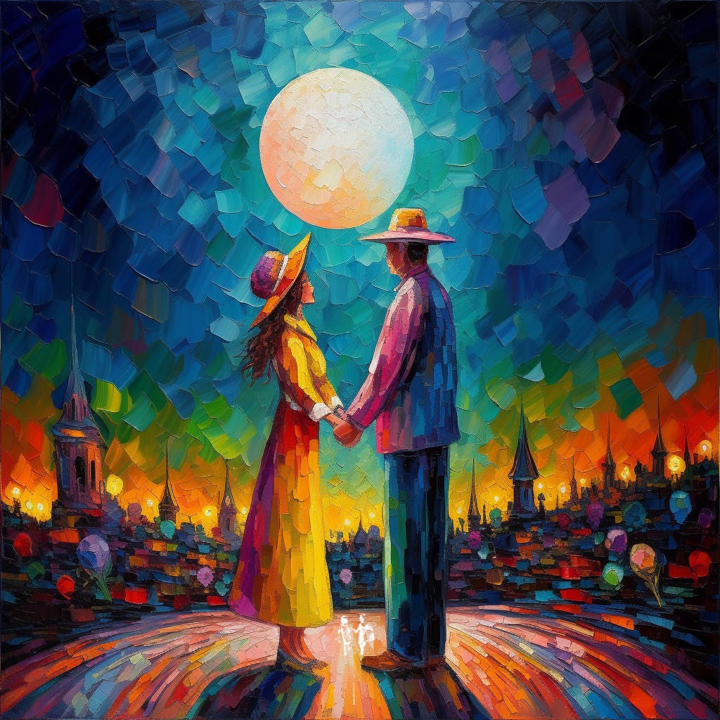 A colourful artistic rendering of a couple facing each other while holding hands.
