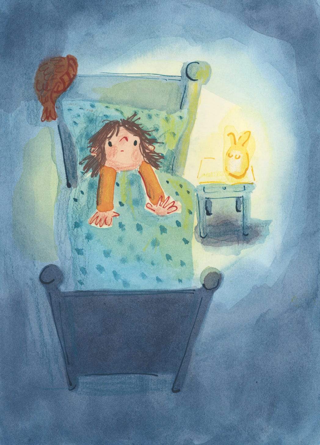 loose atmospheric children's book painting of a young child at bedtime, lying awake with nightlight next to them. Illustration by Nanette Regan