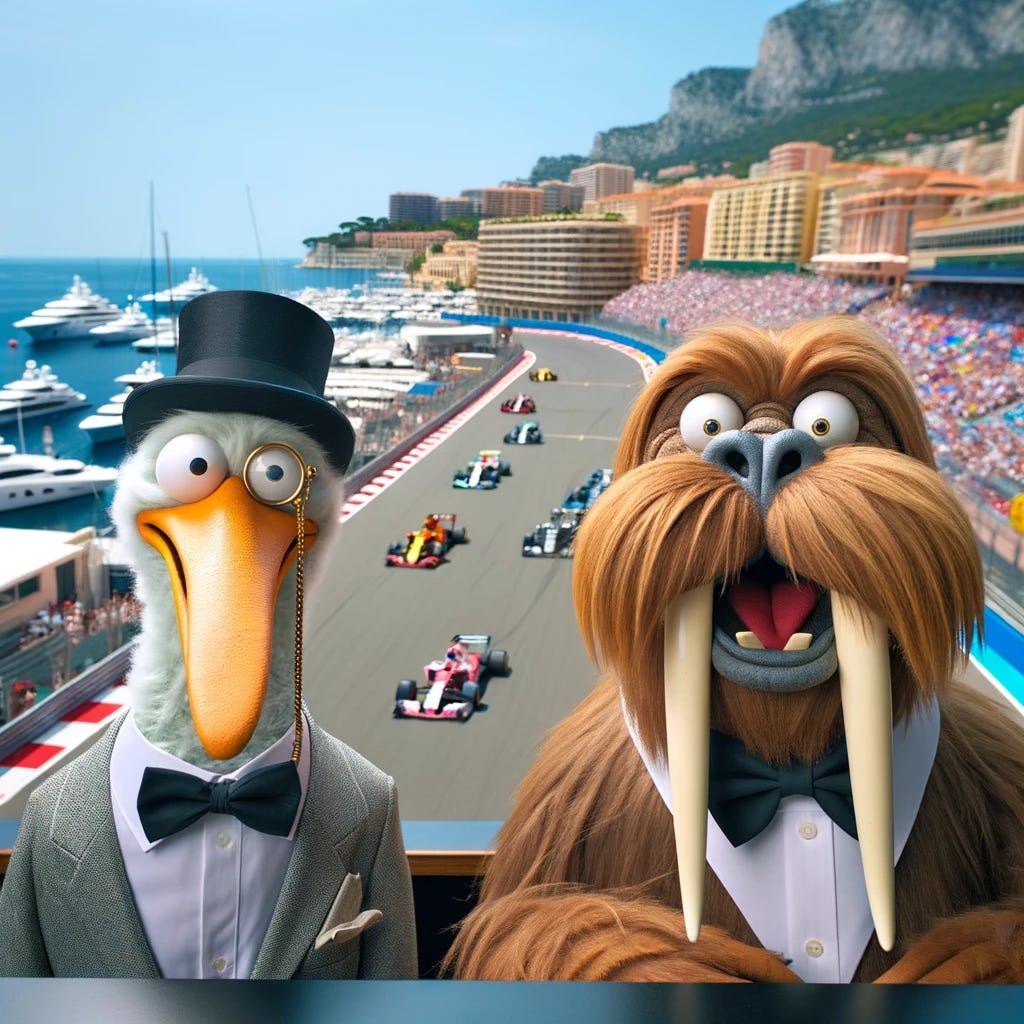A muppet pelican and a muppet walrus with bowties in front of the Monaco Grand Prix