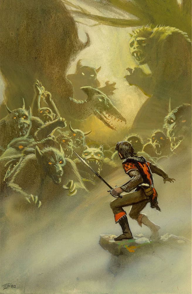 Preliminary concept for WHERE THE EVIL DWELLS featuring a swordsman halting in surprise on a rocky outcrop facing a mob of creatures. His sword is in his left hand and there is no scabbard on his belt. The winged creature above the mob is turned to the right and looks more like a pterodactyl instead of a dragon.