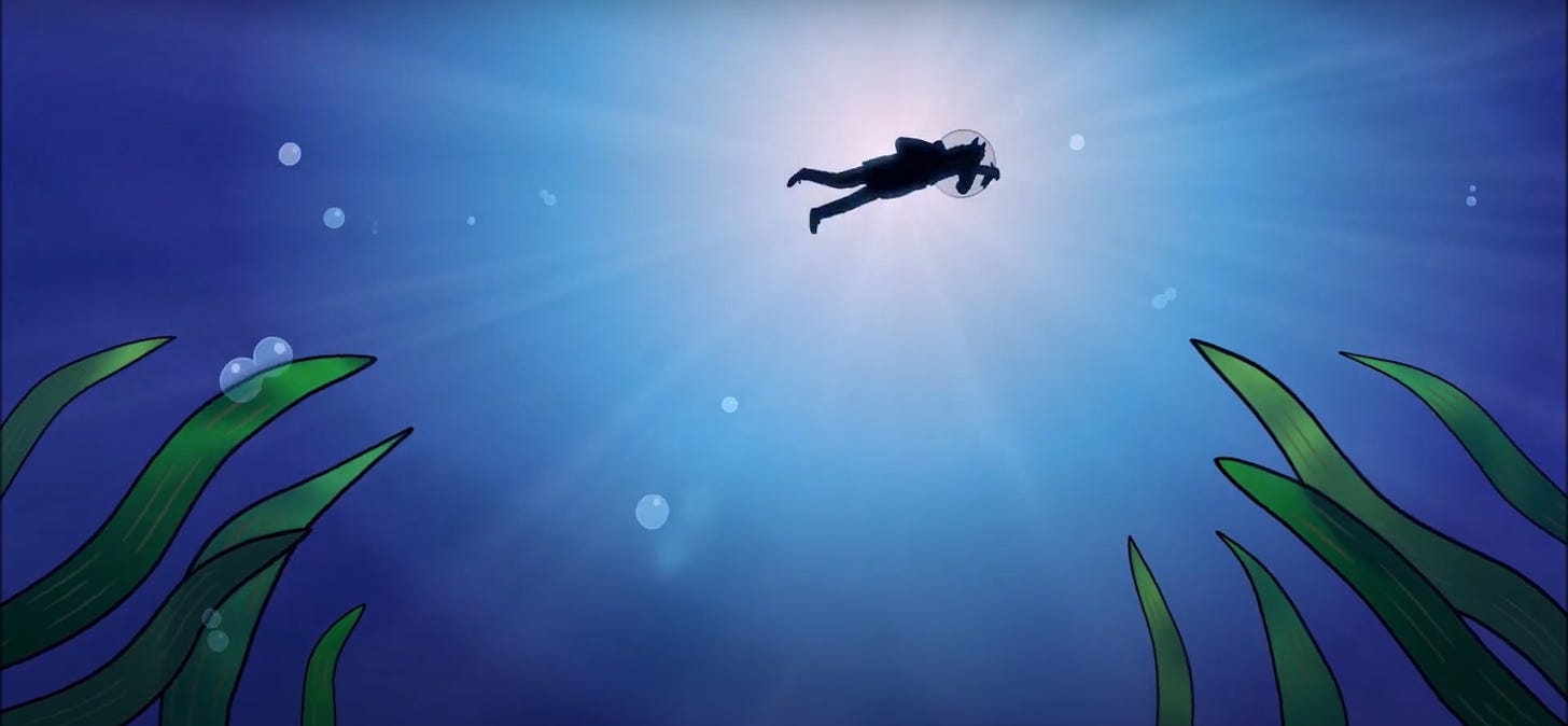 Silhouette of BoJack swimming across the ocean with a baby seahorse