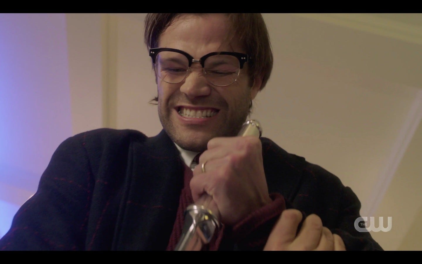 Geeky Sam Winchester trying to stab Castiel SPN Peace of Mind