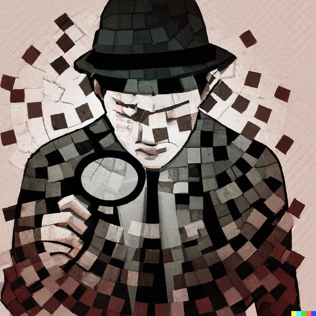 Illustration of a noir-style detective peering through a magnifying glass with a dissolving mosaic effect