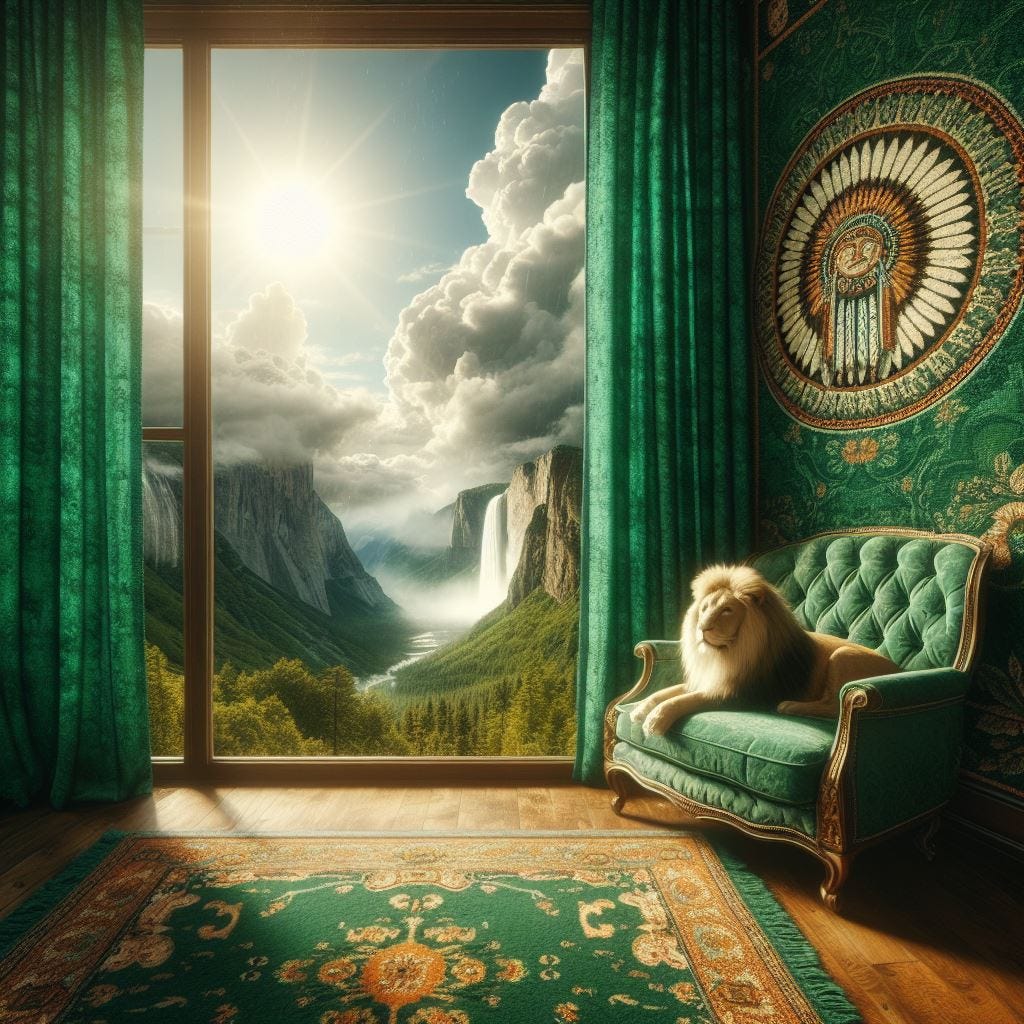 hyper realistic ;tiltshift; lens baby effect; view out window from behind a Swedish Gustavian Sofa chair. green/ dark cyan textured heavy curtains with a print of native american rain symbol in gold thread. White lion site regal on a fluffy rug. tapestries.wall scales. wall tiles. Orange and green embroidered tapestries / paintings. Window to outside, edge of cliff, vast distance.Fluffy clouds pouring rain and sunshine. Sunbeams with prisms of light