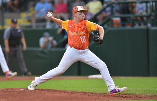 Aug 15, 2024; Williamsport, PA, USA; Southwest Region pitcher Caden Guffey (19) throws a pitch against Mid-Atlantic Region in the first inning at Lamade Stadium. Mandatory Credit: Kyle Ross-USA TODAY Sports