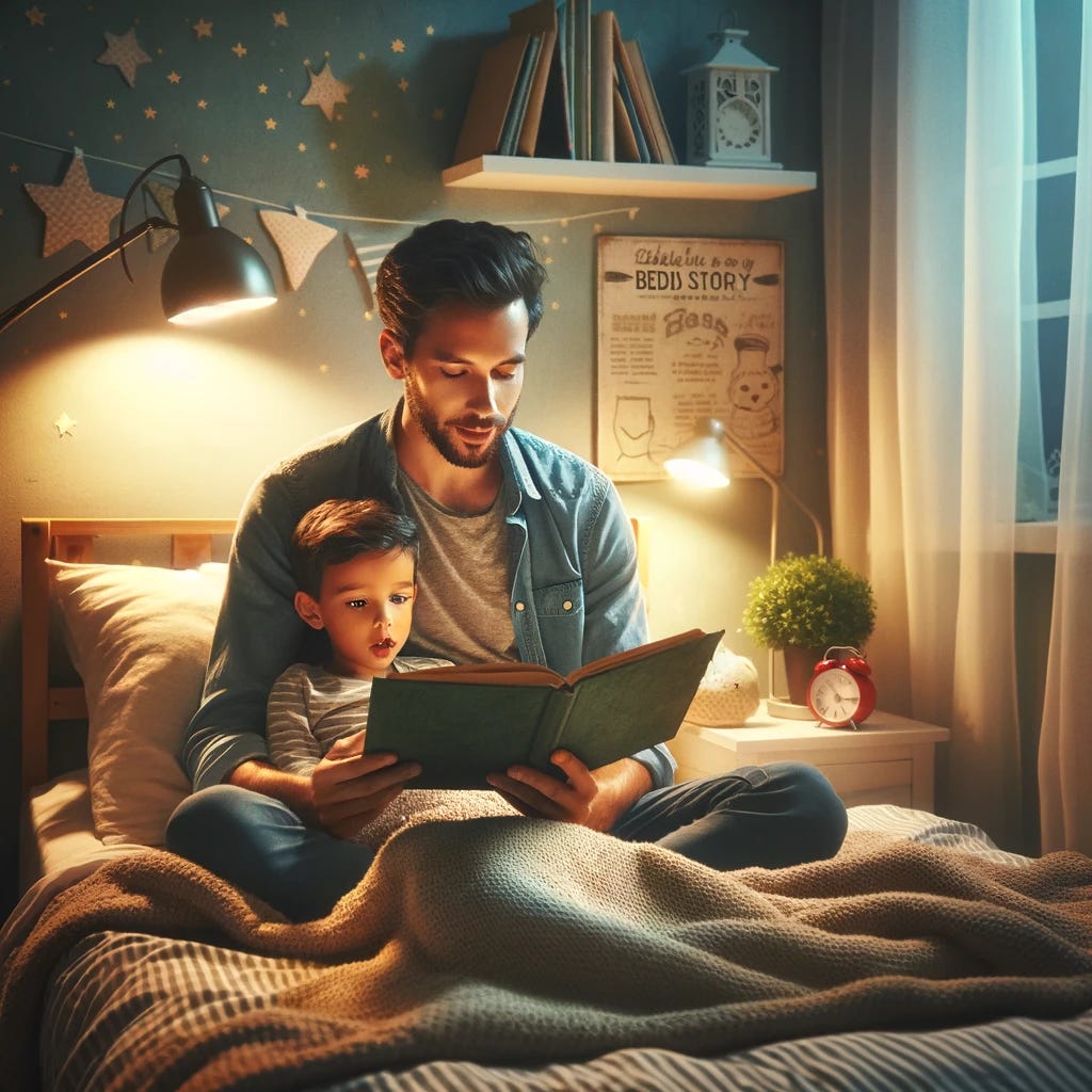 A cozy scene of a father reading a bedtime story to his son. The father is sitting on the edge of the bed, holding an open book, from which he reads aloud. The son is tucked under the blankets, his eyes wide with fascination as he listens to his father's voice bringing the story to life. The room is softly lit by a bedside lamp, casting a warm glow and creating a peaceful atmosphere. This setting is typical of a nurturing bedtime routine, filled with imagination and bonding. The room's decor includes children’s books on a shelf and gentle night-themed wallpaper, enhancing the feeling of a calm and loving bedtime ritual. The image captures the special bond between father and son during this intimate moment, emphasizing the importance of reading and shared experiences in family life.