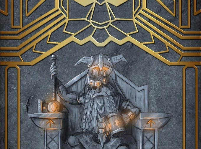 Dwarf with beer and warhammer, seated on a throne, beneath art deco dwarven architecture