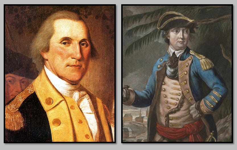 Two side-by-side paintings depict George Washington and Benedict Arnold.