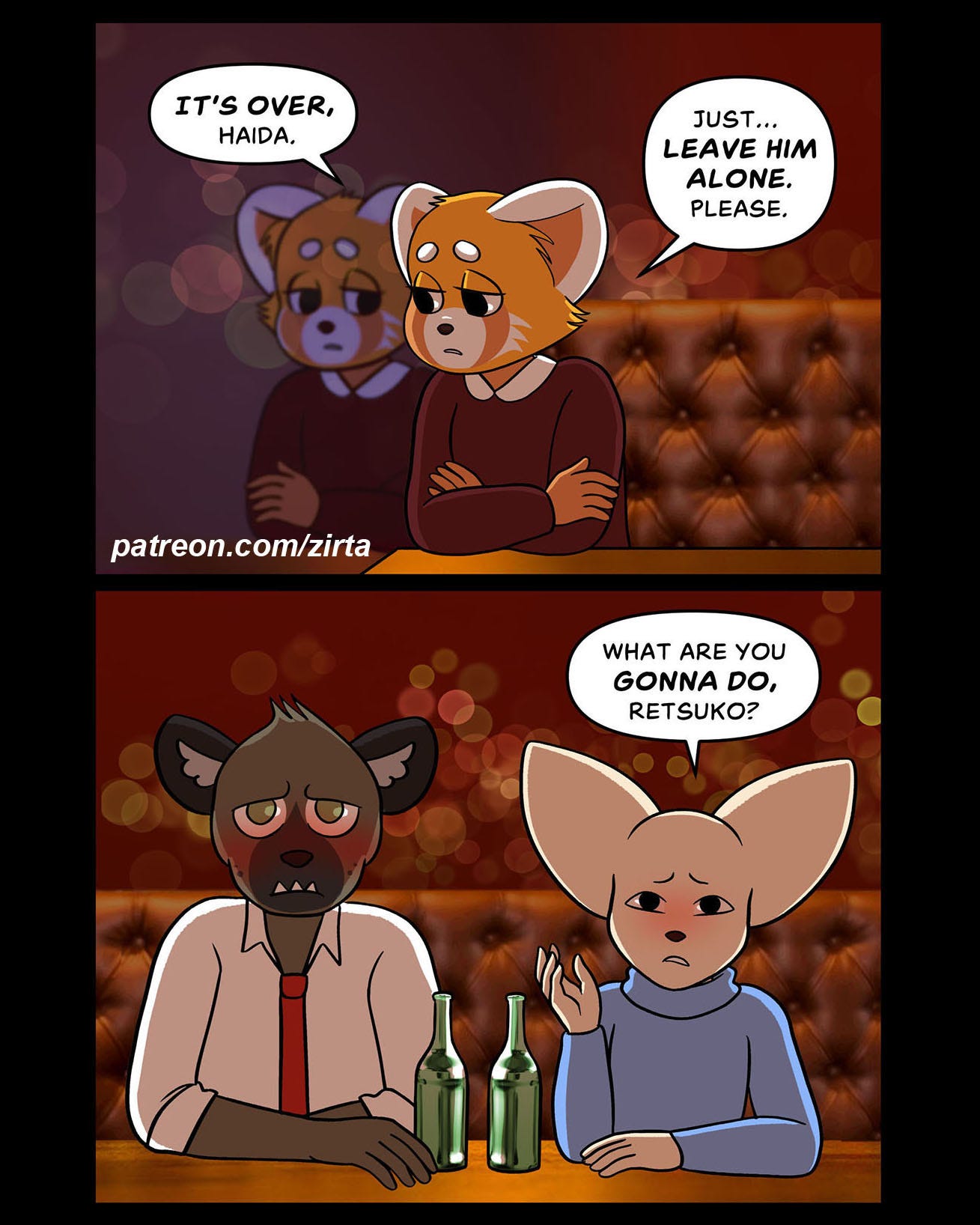 May be an image of slow loris, red panda and text that says 'IT'S OVER, HAIDA, JUST... LEAVE HIM ALONE. PLEASE, patreon.com/zirta WHAT ARE YOU GONNA DO, RETSUKO?'