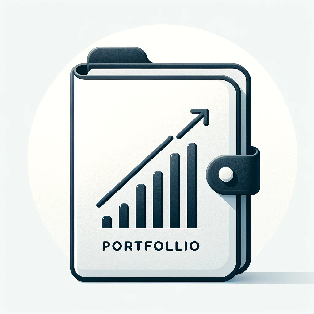 Flat vector illustration against a clear white background, where a sleek and minimalist folder carries the label 'Portfolio'. Inside, it reveals a straightforward bar chart that denotes the gradual rise in stock values, marked by a gentle upward trend, ensuring the background remains purely white.