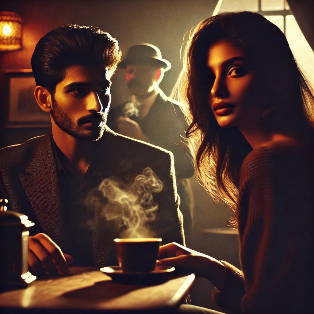 Man and woman in a dimly lit cafe in an intense setting.