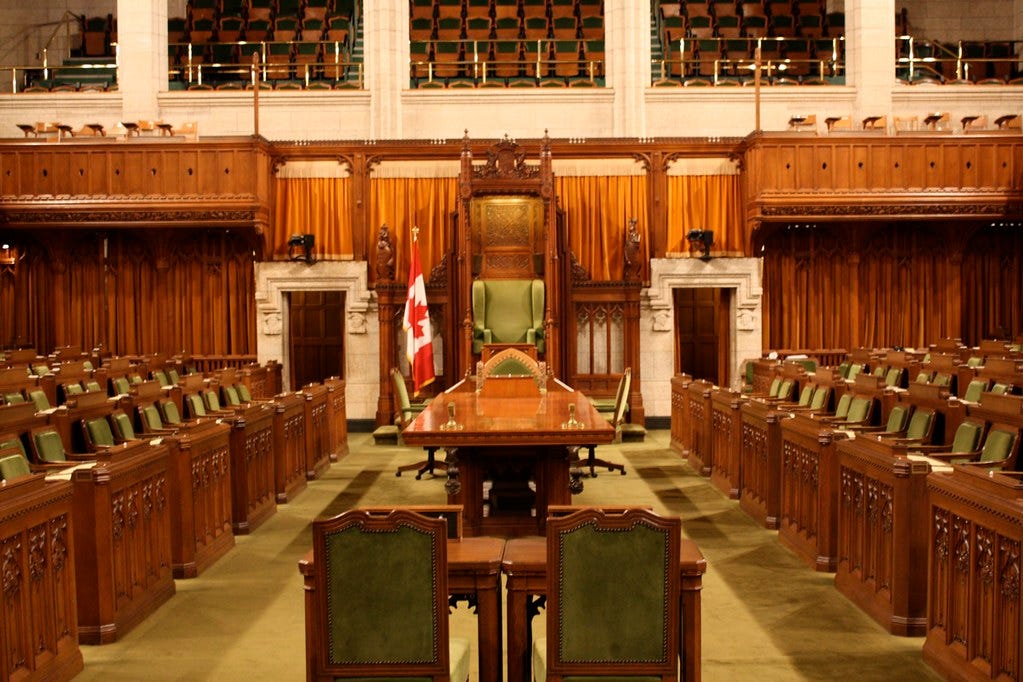 The House of Commons, facing the speaker's chair.