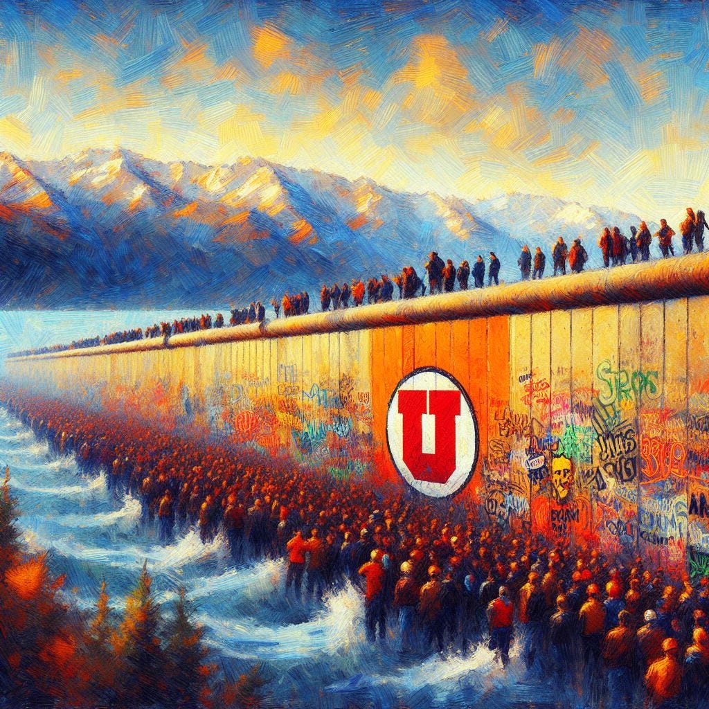 The Berlin Wall but with the University of Utah logo on it, impressionism