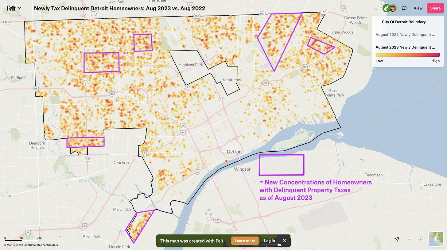 Heat map of newly tax delinquent homeowners in Detroit