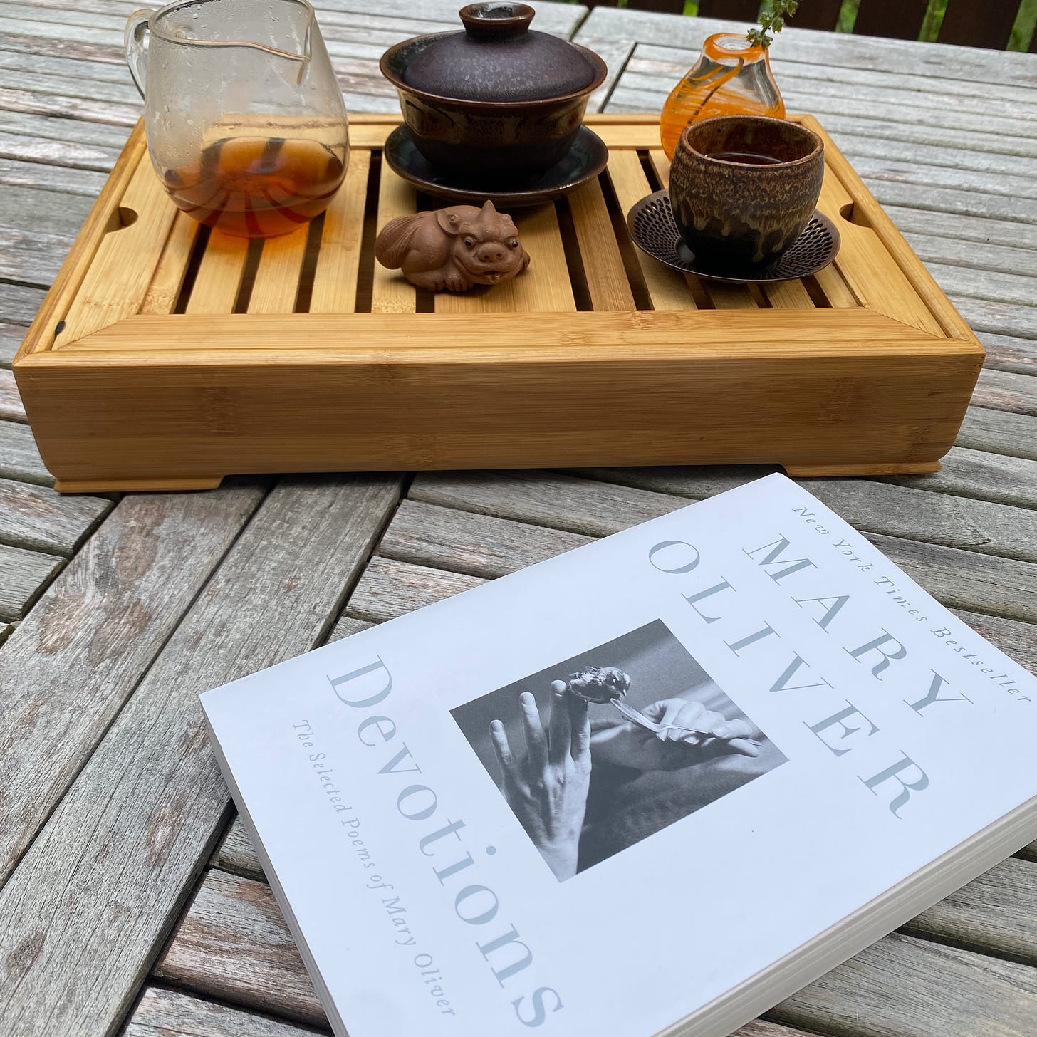 Devotions by Mary Oliver lies next to a tea setup (gaiwan, small cup, glass pitcher of tea, dragon tea friend, glass jar of tulsi) on a porch table