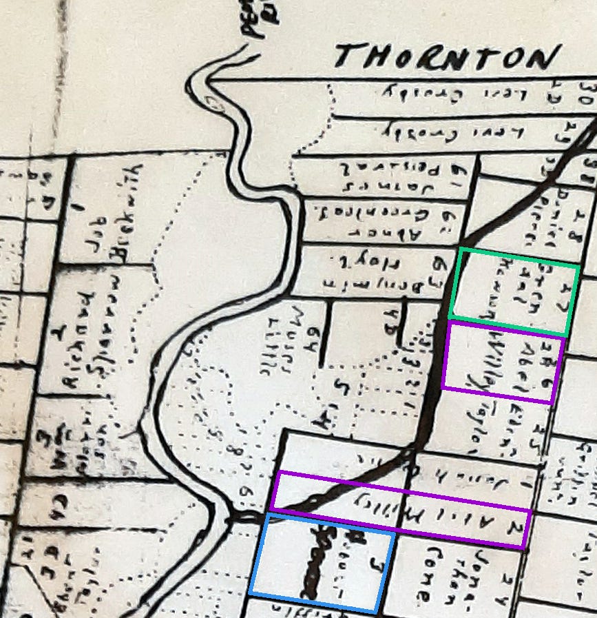 Hand drawn platt map of the original lots of campton with lots 2 and 26 belonging to Abel Willey highlighted, lot 3 belonging to Hobart Spencer highlighted, and lot 27 which Darius Willey bought from Grendel Rawson highlighted.