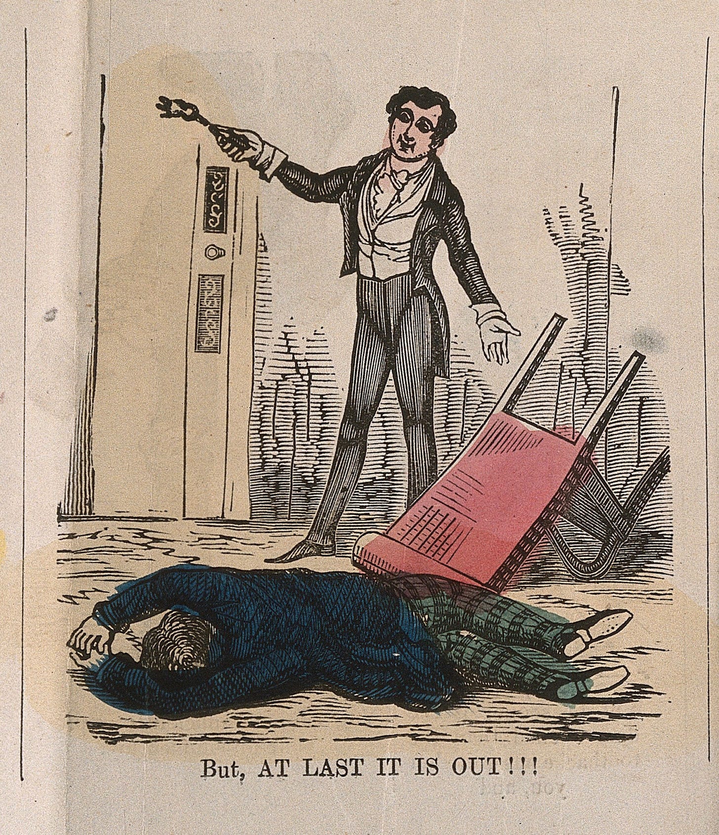 A mid-19th century illustration of a dentist truimphantly holding up a tooth in a pair of forceps. Near him is an overturned chair and his patient is lying on the floor facing away from the viewer.