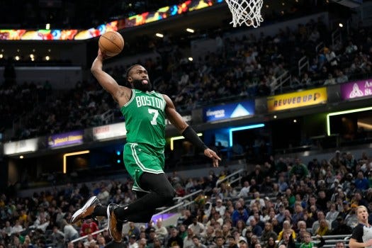 Boston Celtics star  Jaylen Brown goes up to score on a breakaway dunk against the Indiana Pacers during the second half of a game in Indianapolis. (AP Photo/AJ Mast)