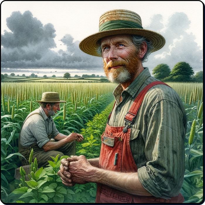 Farmer Jeff looks at his crops as foreboding clouds loom in the background.