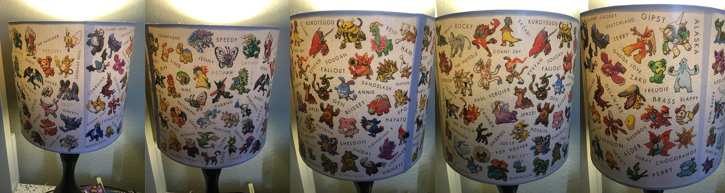 A lamp that Jolty's wife made for him, containing Pokémon he caught in its original games, plus their nicknames