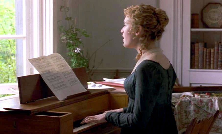 Marianne Dashwood is playing and singing at the pianoforte. 