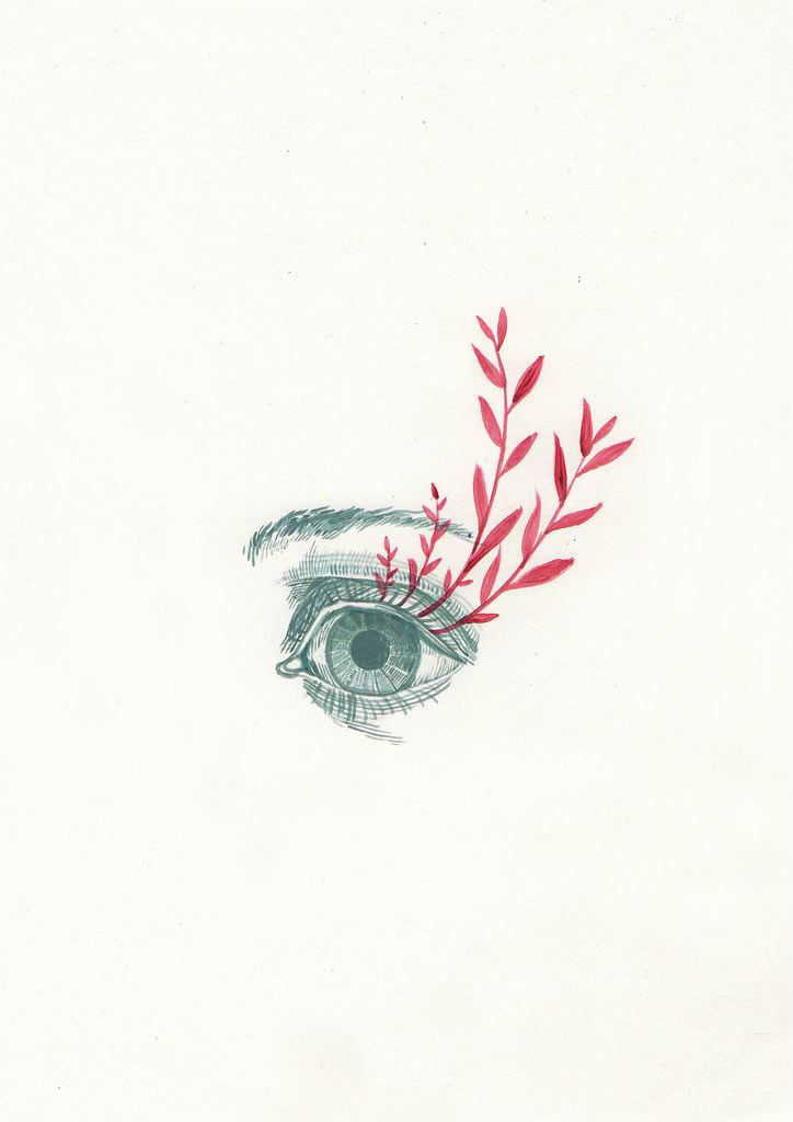 a detailed line drawing of an eye with red leaves sprouting from it