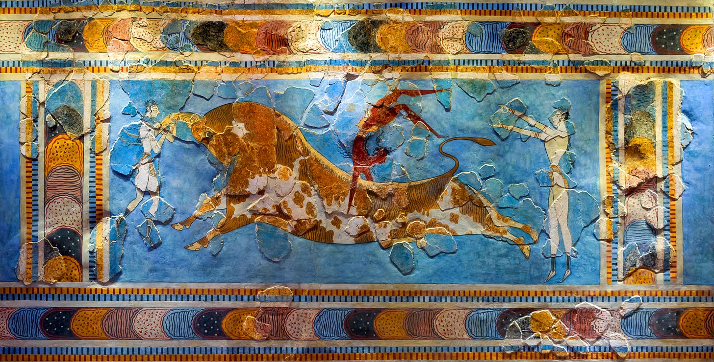 The Minoan Bull Leaper fresco from Knossos, showing three people in loincloths and boots in various stages of leaping over a bull. The person on the far left hangs bodily from the bull's horns. The person in the middle is balancing on the bull's back mid-somersault. And the person on the right has landed back on the ground at the end of a leap.