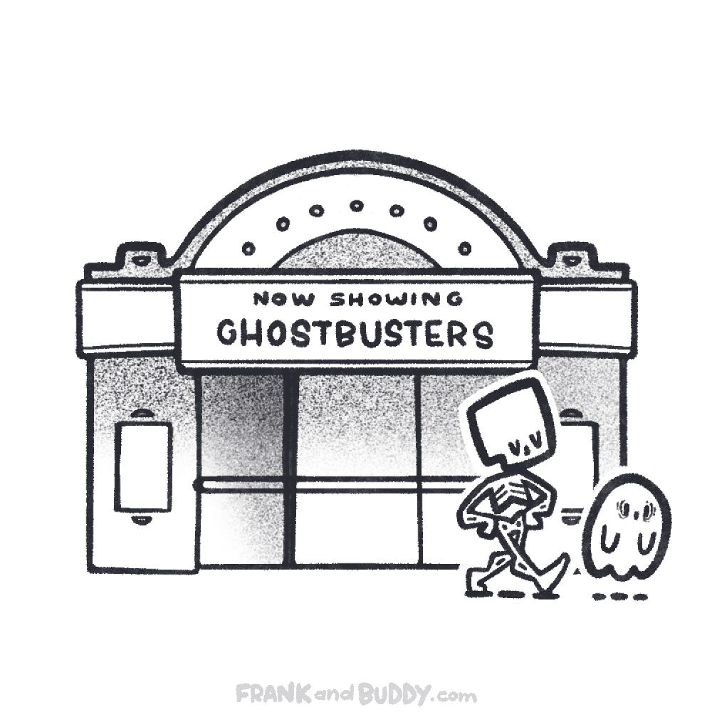 This webcomic shows the skeleton and the baby ghost leaving the movie theatre and on the outside of the building we see that it says "Now showing Ghostbusters". The baby ghost looks traumatised. 