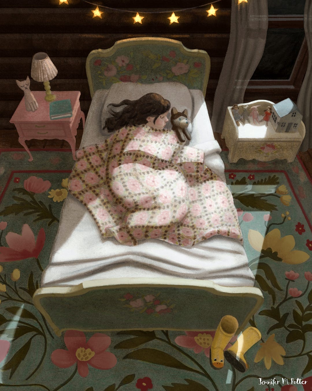 Illustration by Jennifer M Potter for Folktale Week 2024. The image depicts a girl sleeping in her bedroom
