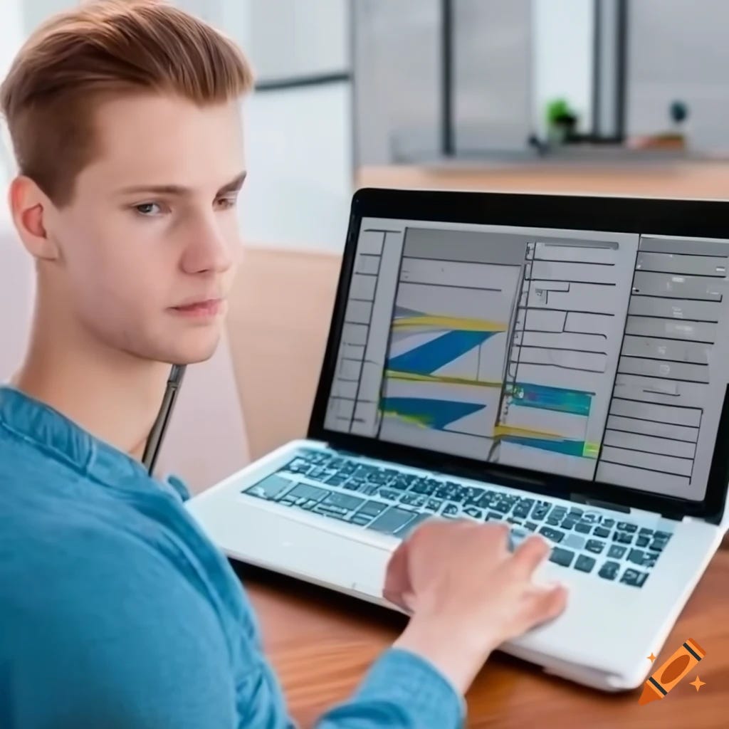 young male looking at laptop screen with a spreadsheet open