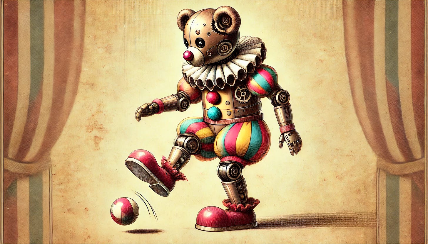 A robot bear dressed as a circus clown facing forward, making a small clumsy hop in the air as if dancing. The robot bear has mechanical features like gears and metal plating, but is wearing a colorful, old-fashioned clown outfit, complete with oversized shoes, a frilly collar, and a red nose. The scene is reminiscent of an old book illustration, with soft lines, a sepia-toned background, and subtle shading. The bear’s expression is slightly awkward but charming, as it dances in a playful, vintage circus atmosphere.